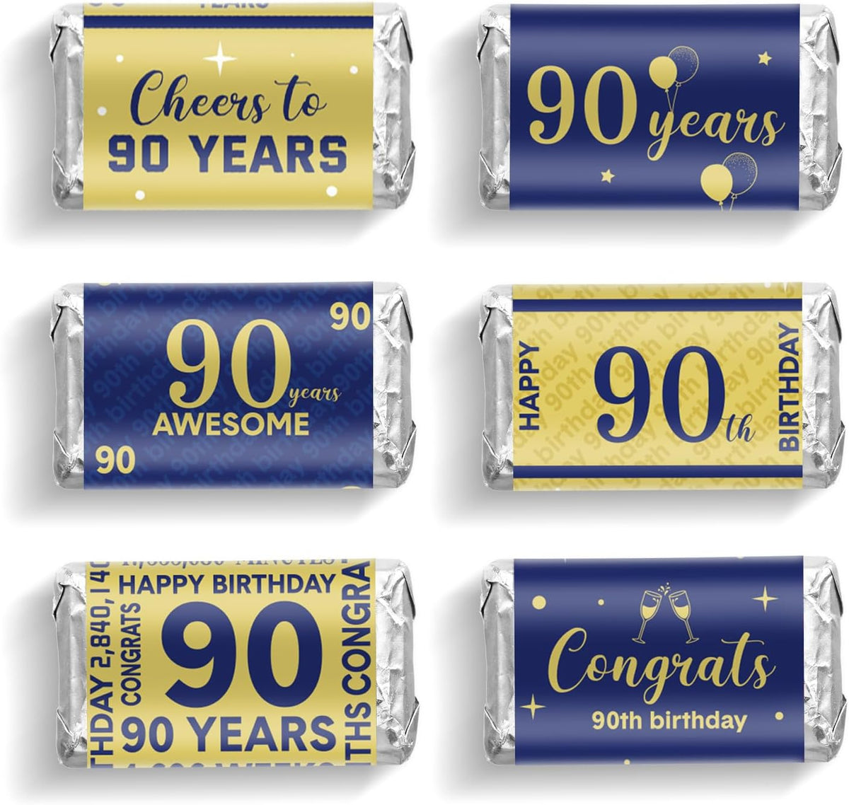 Tenare 90 Pcs 90th Birthday Candy Wrappers, Blue and Gold Stickers