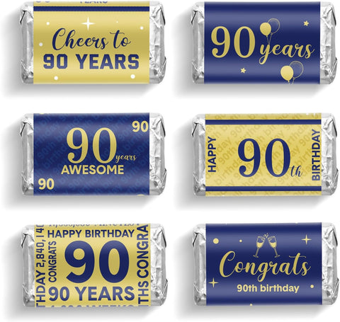 Tenare 90 Pcs 90th Birthday Candy Wrappers, Blue and Gold Stickers
