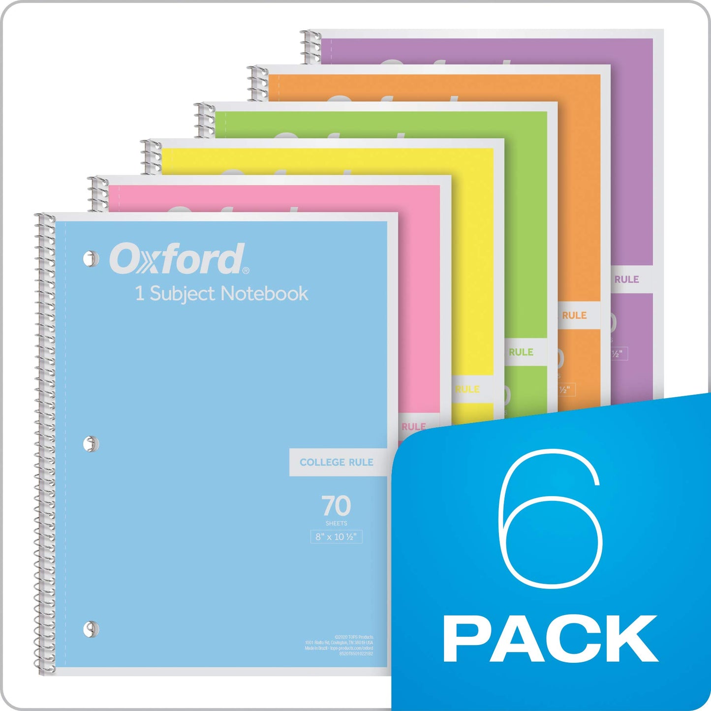 Oxford Spiral Notebook 6 Pack, 1 Subject, College Ruled Paper, 8 x 10-1/2 Inch, Pastel Pink, Orange, Yellow, Green, Blue and Purple, 70 Sheets (63756)