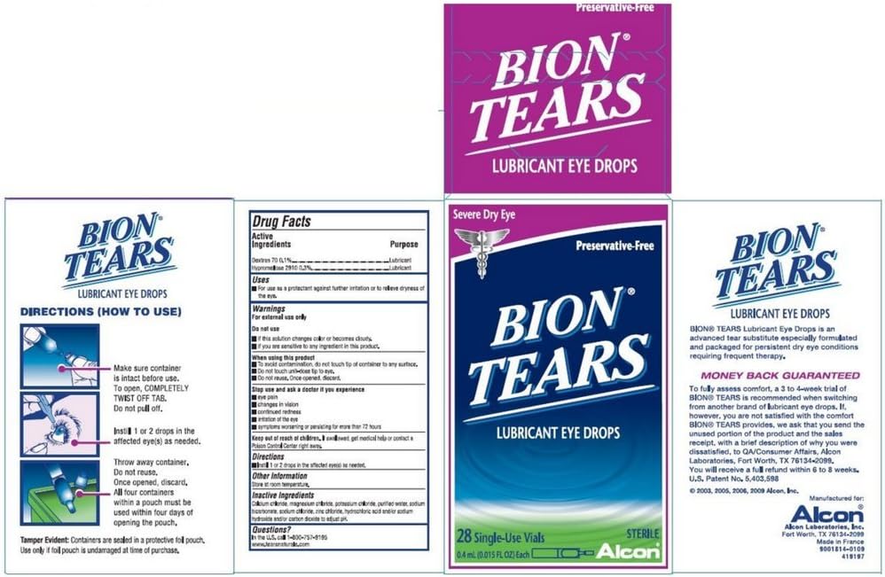 Bion Tears Lubricant Eye Drops Single Use Vials 28 Each (Pack of 4)