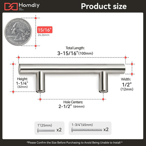 homdiy Cabinet Handles Brushed Nickel Drawer Handles 2-1/2in(64mm) Hole Center Modern Style Round Bar for Kitchen Cabinets 35Pack