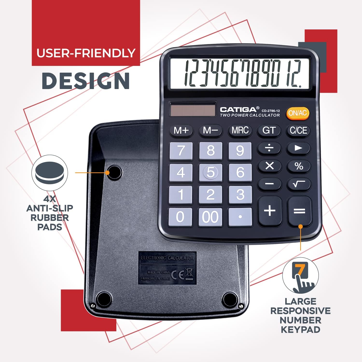 CATIGA 12 Digit Desk Calculator, Desktop Calculators with Large LCD Display & Big Buttons, Basic Simple 4 Function Solar Calculator, Dual Power Solar & Battery for School, Office & Home (CD-2786)