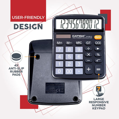 CATIGA 12 Digit Desk Calculator, Desktop Calculators with Large LCD Display & Big Buttons, Basic Simple 4 Function Solar Calculator, Dual Power Solar & Battery for School, Office & Home (CD-2786)