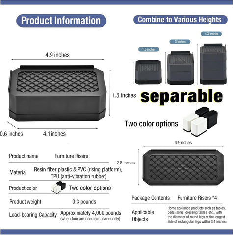 EclatBain Rectangular Adjustable Bed Risers 1.5 Inch, 4000 lbs, 4 Pack