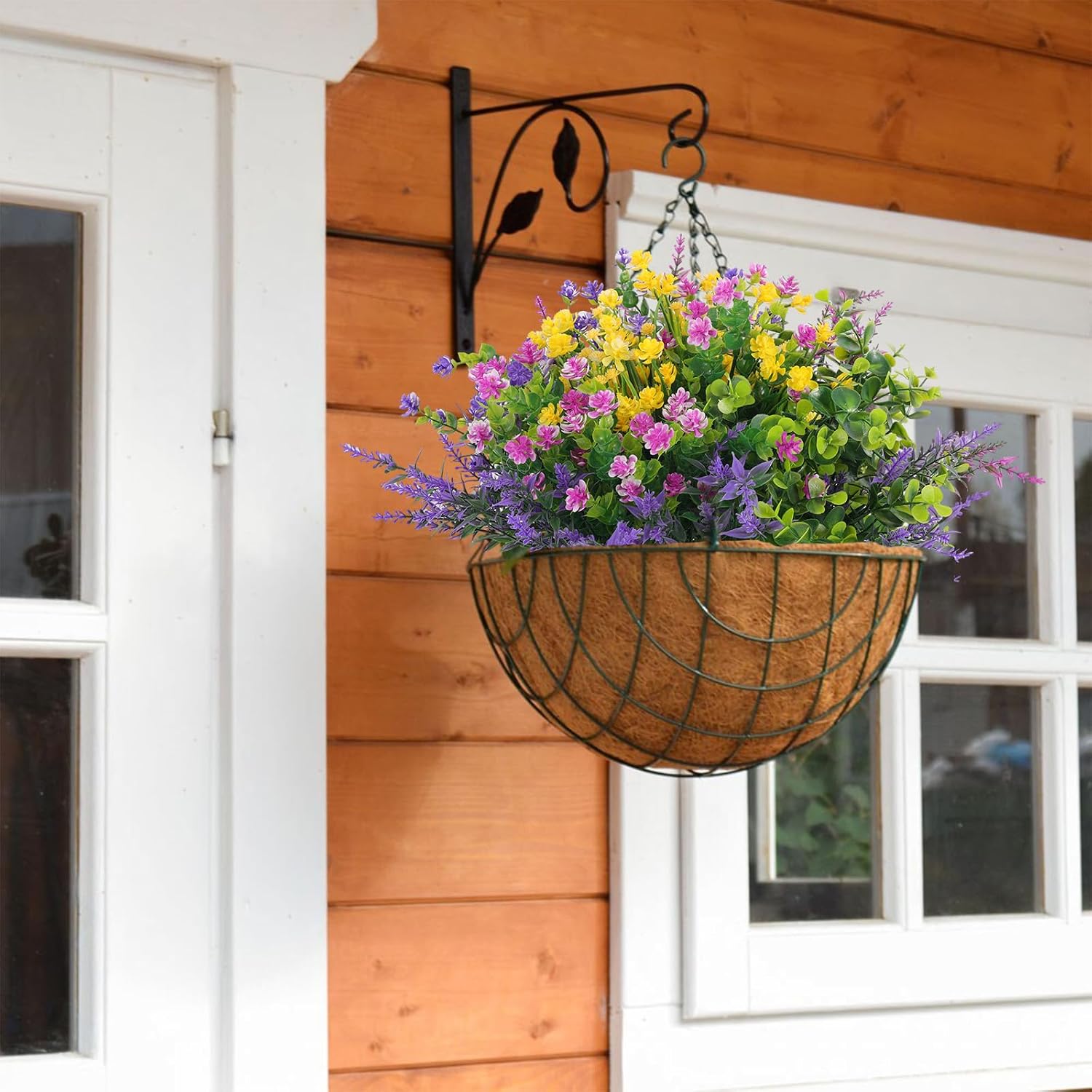 Hananona 24 Pcs Artificial Flowers Outdoor, Faux Artificial Plants UV Resistant Plastic Flower Bulk for Hanging Planter Porch Window Home Wedding Summer Decor (24, Fuchsia, Purple, Yellow, Green)