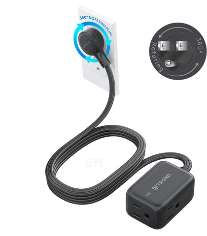TROND 360 Rotating Flat Plug Extension Surge Protector 6 ft, 3 AC, Black