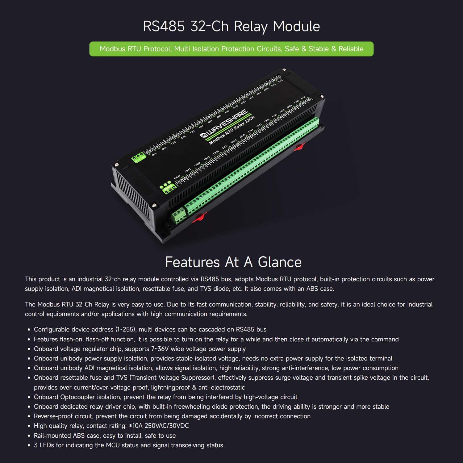 Waveshare Modbus RTU 32-Ch Relay Module, RS485 Interface, with Multiple Isolation Protection Circuits, Industrial-Grade, Rail-Mount Case