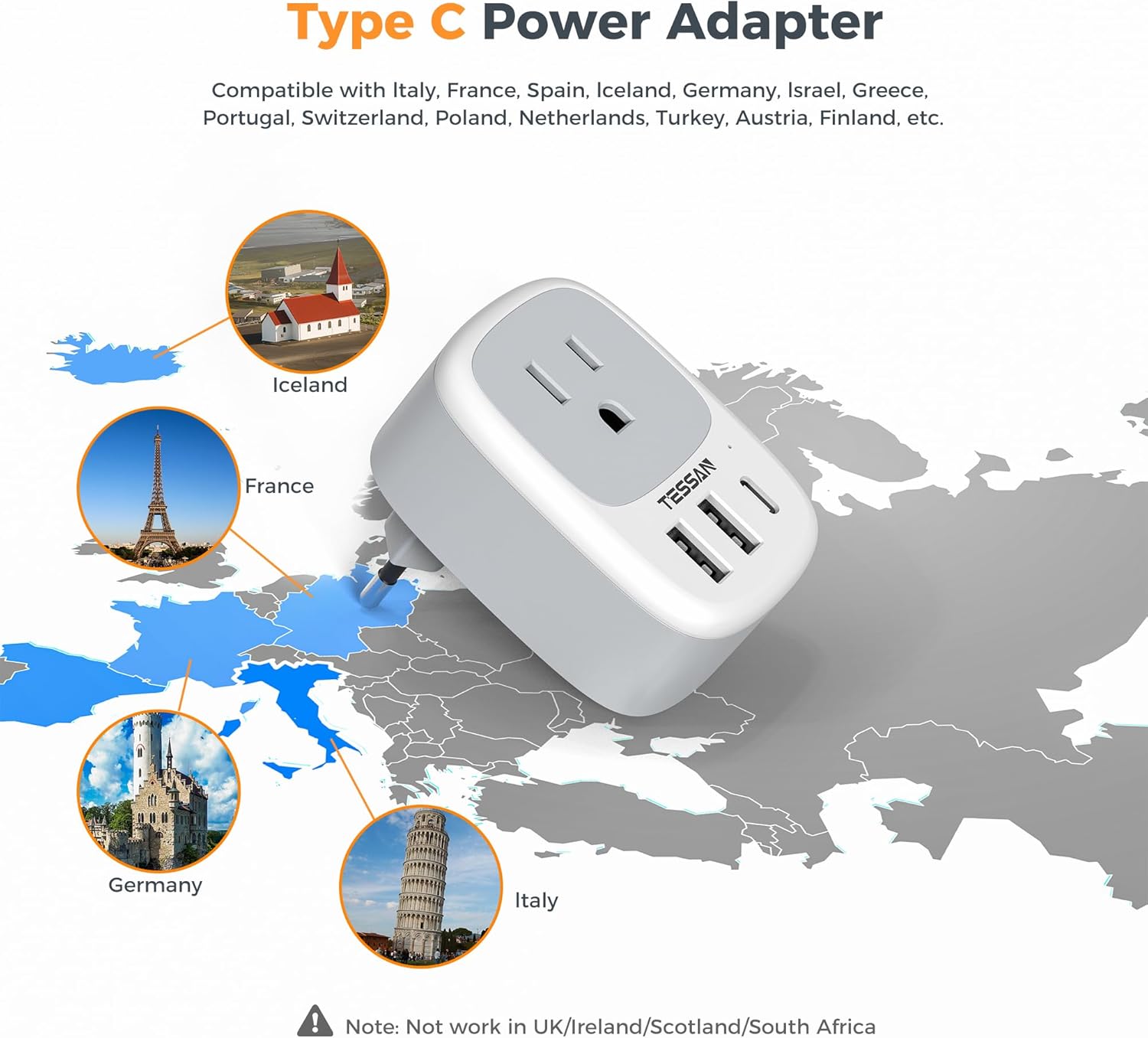 TESSAN 3 Pack US to European Travel Plug Adapter with 3 USB Ports (1 USB C)