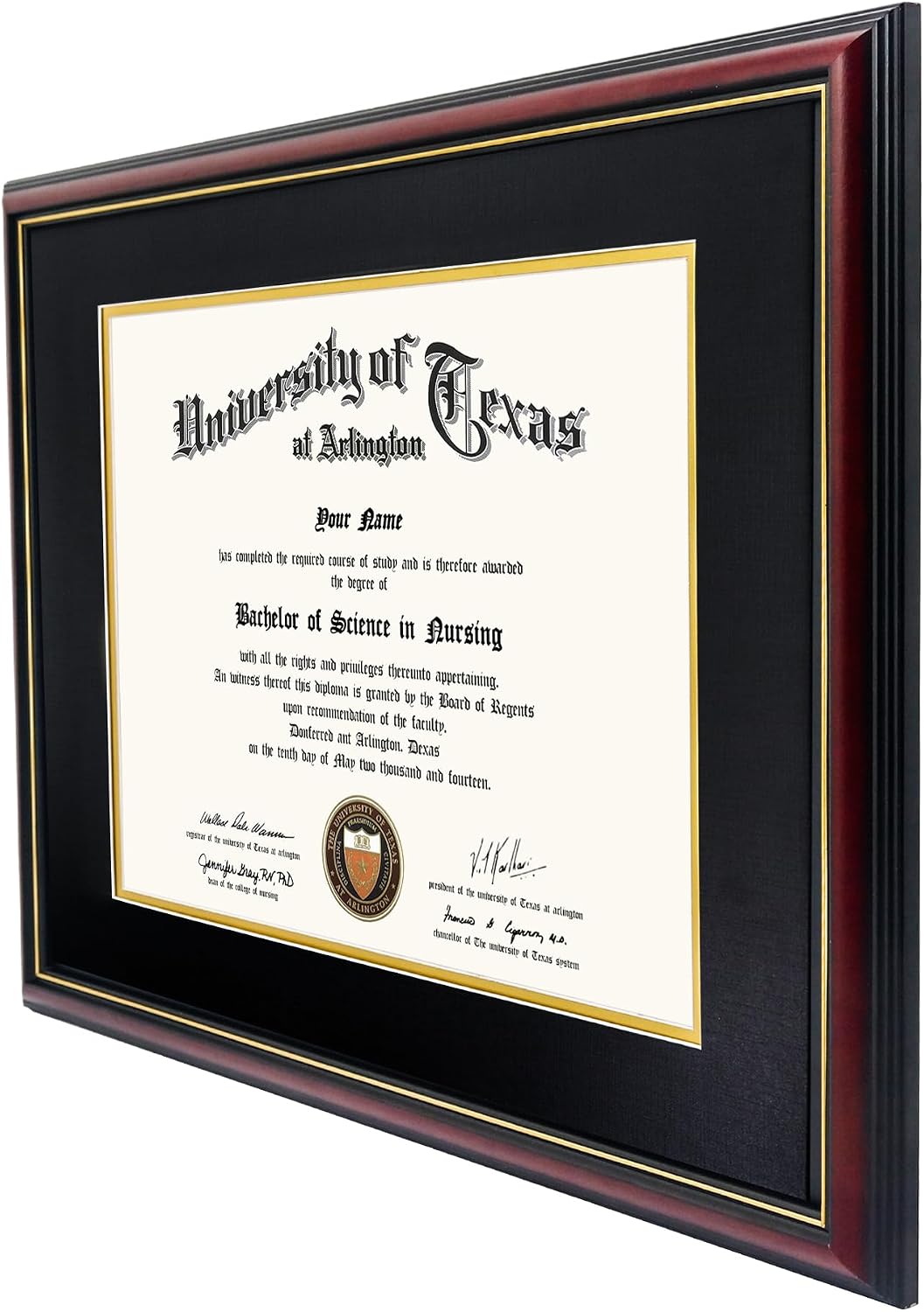GraduationMall 12x15 Diploma Frame with Black over Gold Mat or Display 16x20 Certificate without Mat,Solid Wood & Tempered Glass,Cherry Finish with Gold Trim