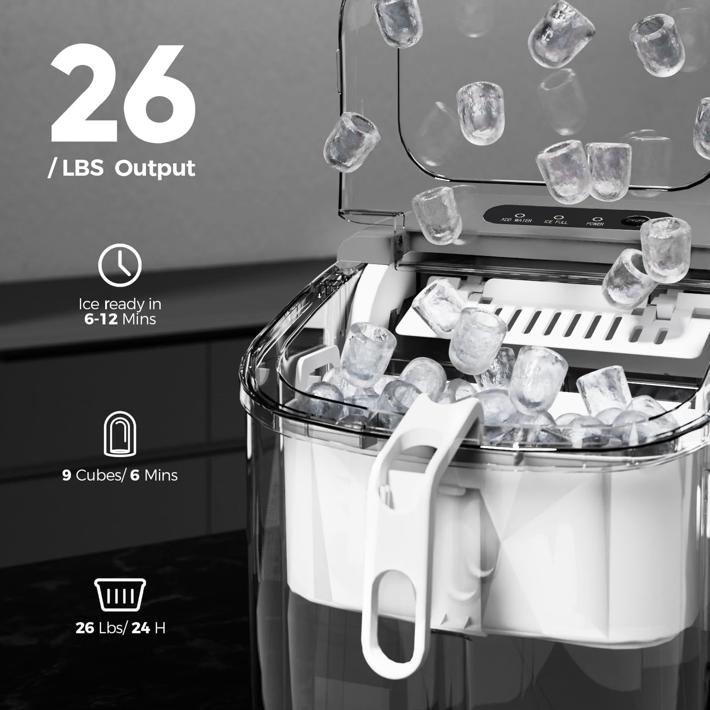 Crzoe Countertop Ice Maker Machine,Portable Ice Maker with Handle,26Lbs/24H,9 Cubes Ready in 6 Mins,Self-Cleaning Ice Makers with Ice Bags and Scoop Basket,for Home/Office(Grey)