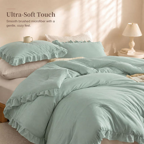 JANZAA Sage Green Comforter Set Twin, Ruffle Soft Bedding