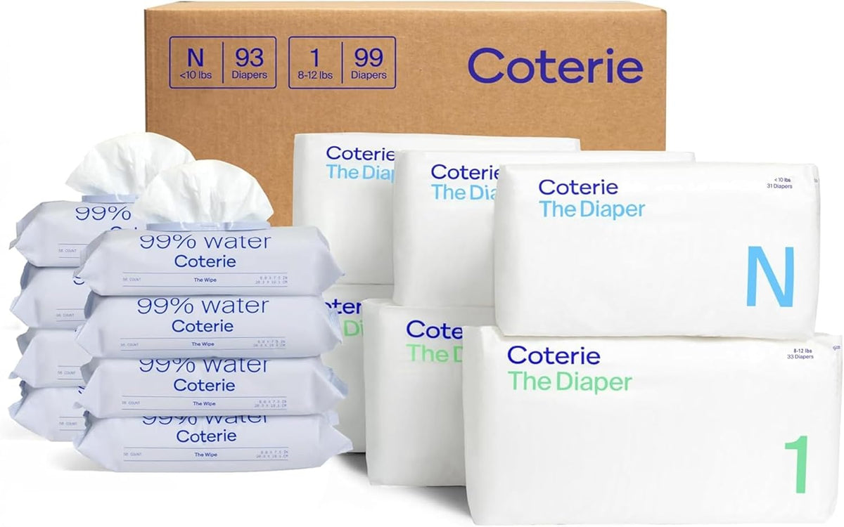 Coterie Baby Wipes + Diapers Kit, Size NB & Size 1 Diapers, 8-Pack Wipes