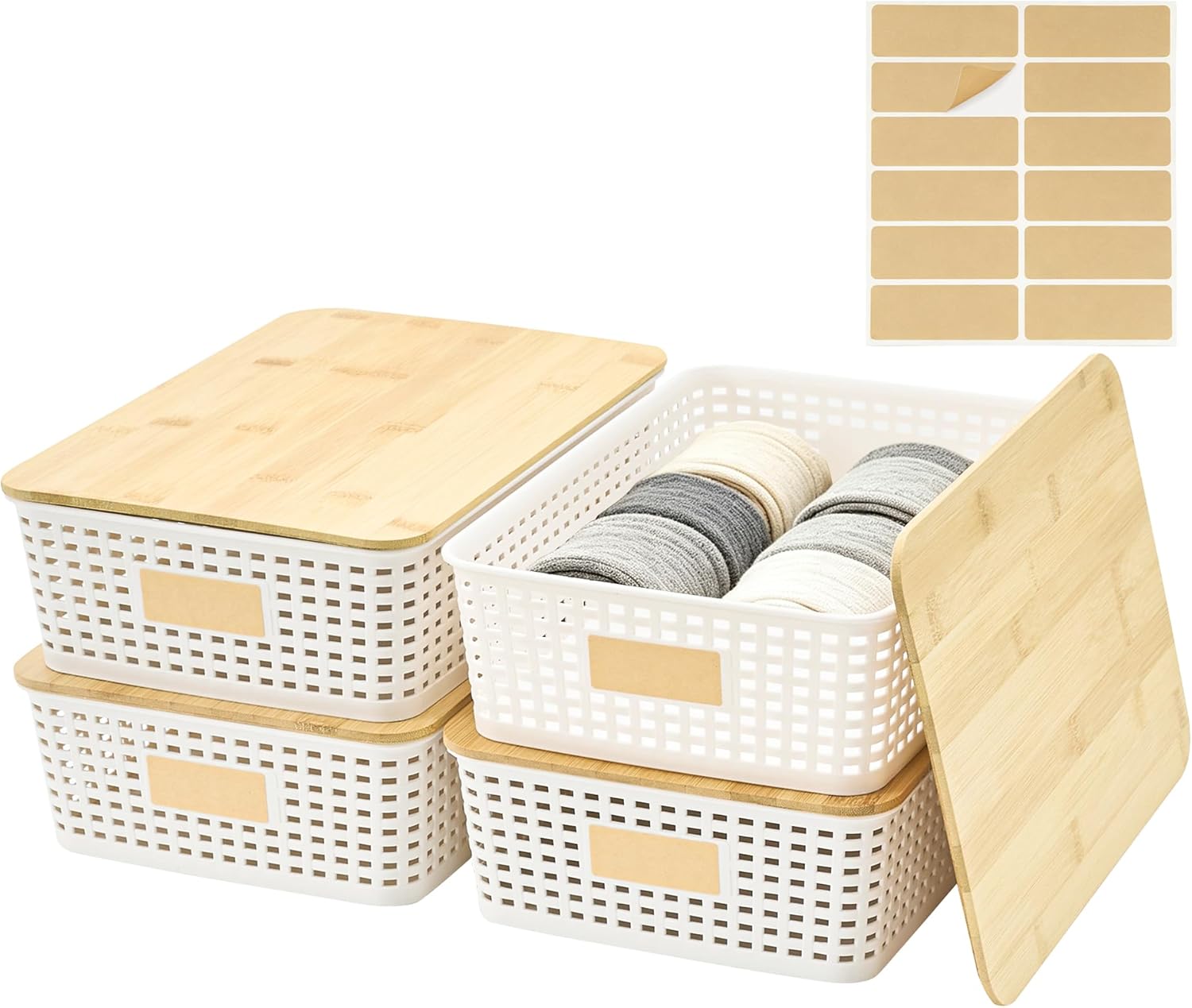 Bagnizer 4 Pack Plastic Storage Bins with Bamboo Lids, 6.2qt Stackable Storage Organizer Box with Lable for Pantry Shelves Drawers Desktop Office, 12"L x 8.3"W x 3.5"H, Cream White
