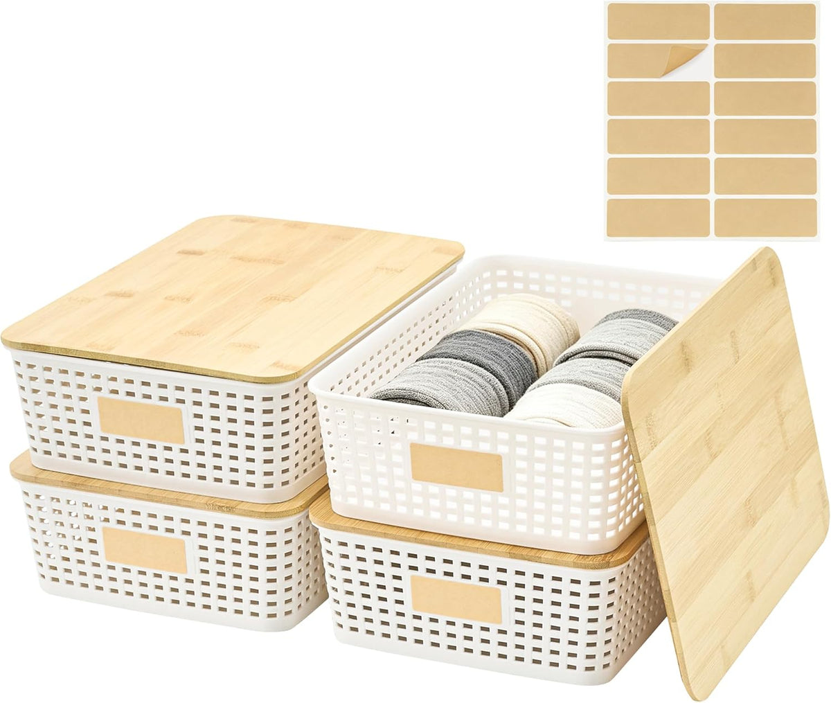 Bagnizer 4 Pack Plastic Storage Bins with Bamboo Lids, 6.2qt Stackable Storage Organizer Box with Lable for Pantry Shelves Drawers Desktop Office, 12"L x 8.3"W x 3.5"H, Cream White