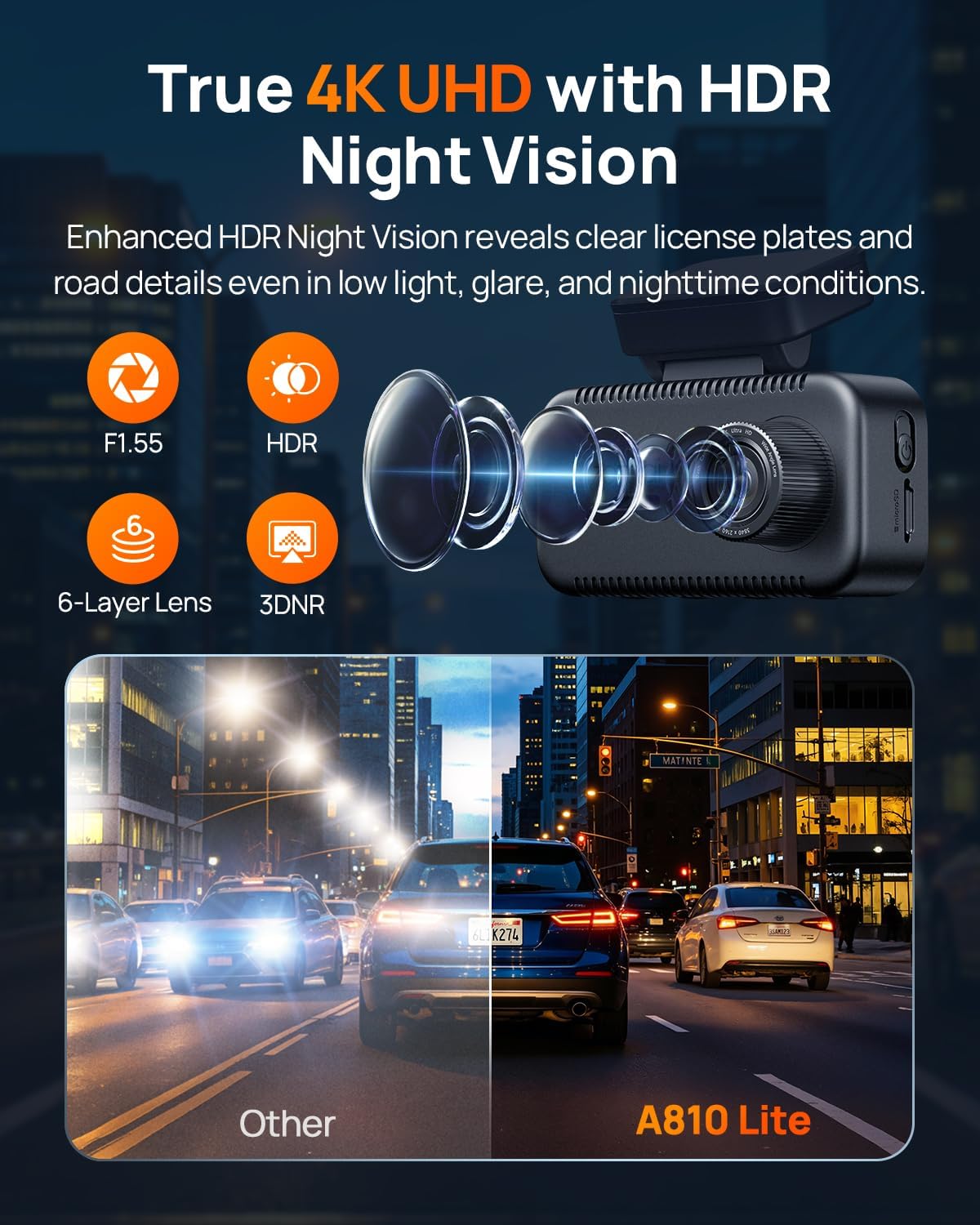 70mai A810 Lite 4K Dash Cam Front and Rear, 5GHz Wi-Fi 6 DashCam, Car Camera 4G LTE Remote Access, GPS Tracking, HDR Night Vision, 24H Parking Mode, Voice Control, Emergency Lock