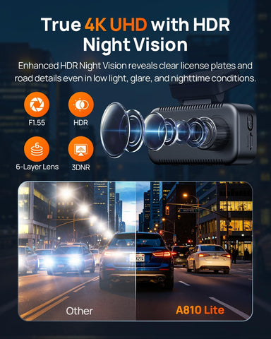 70mai A810 Lite 4K Dash Cam Front and Rear, 5GHz Wi-Fi 6 DashCam, Car Camera 4G LTE Remote Access, GPS Tracking, HDR Night Vision, 24H Parking Mode, Voice Control, Emergency Lock
