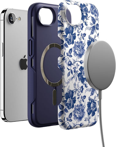 Casely iPhone 16e Case | Rose to Fame | Blue & White Floral | Bold Protective Design | Compatible with MagSafe