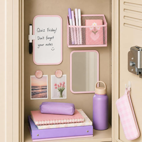 Svartur Magnetic Locker Accessories for Girls with Magnetic whiteboard, Locker Mirror and Magnetic Pen Holder, Pink Locker Decoration for School Locker, Back to School Essentials