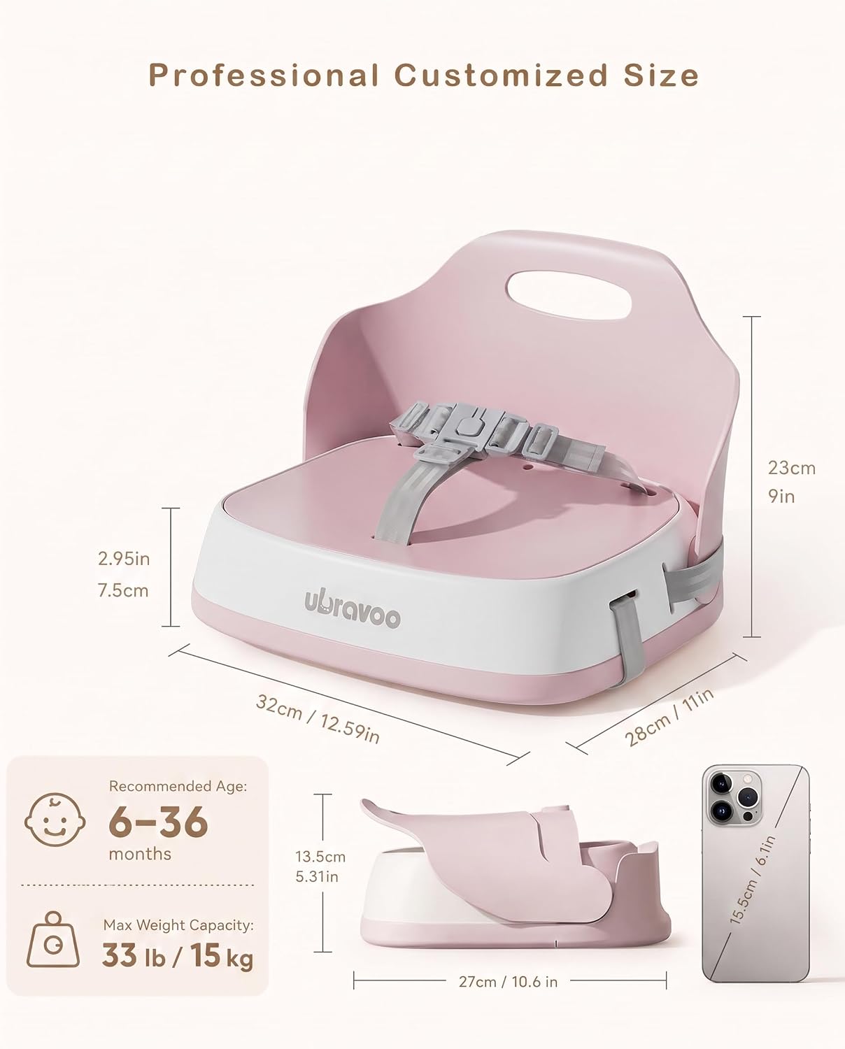 UBRAVOO Booster Seat for Kitchen Chair for Babies and Toddlers Pink