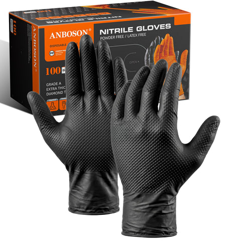 ANBOSON 10 Mil Heavy Duty Mechanic Nitrile Gloves, Medium Black 100 Count