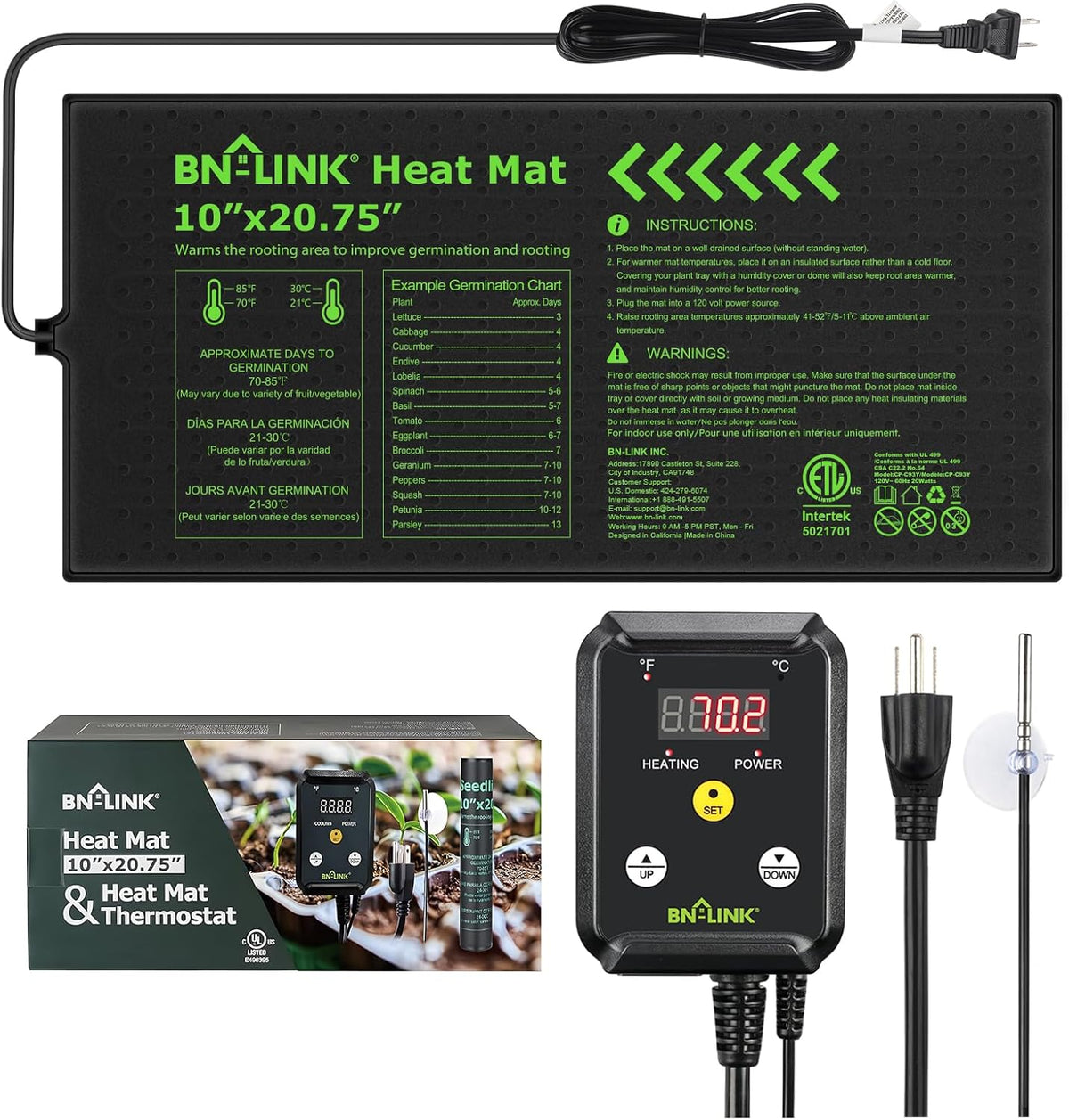 BN-LINK 10" x 20.75" Seedling Heat Mat with Thermostat Controller Combo Set