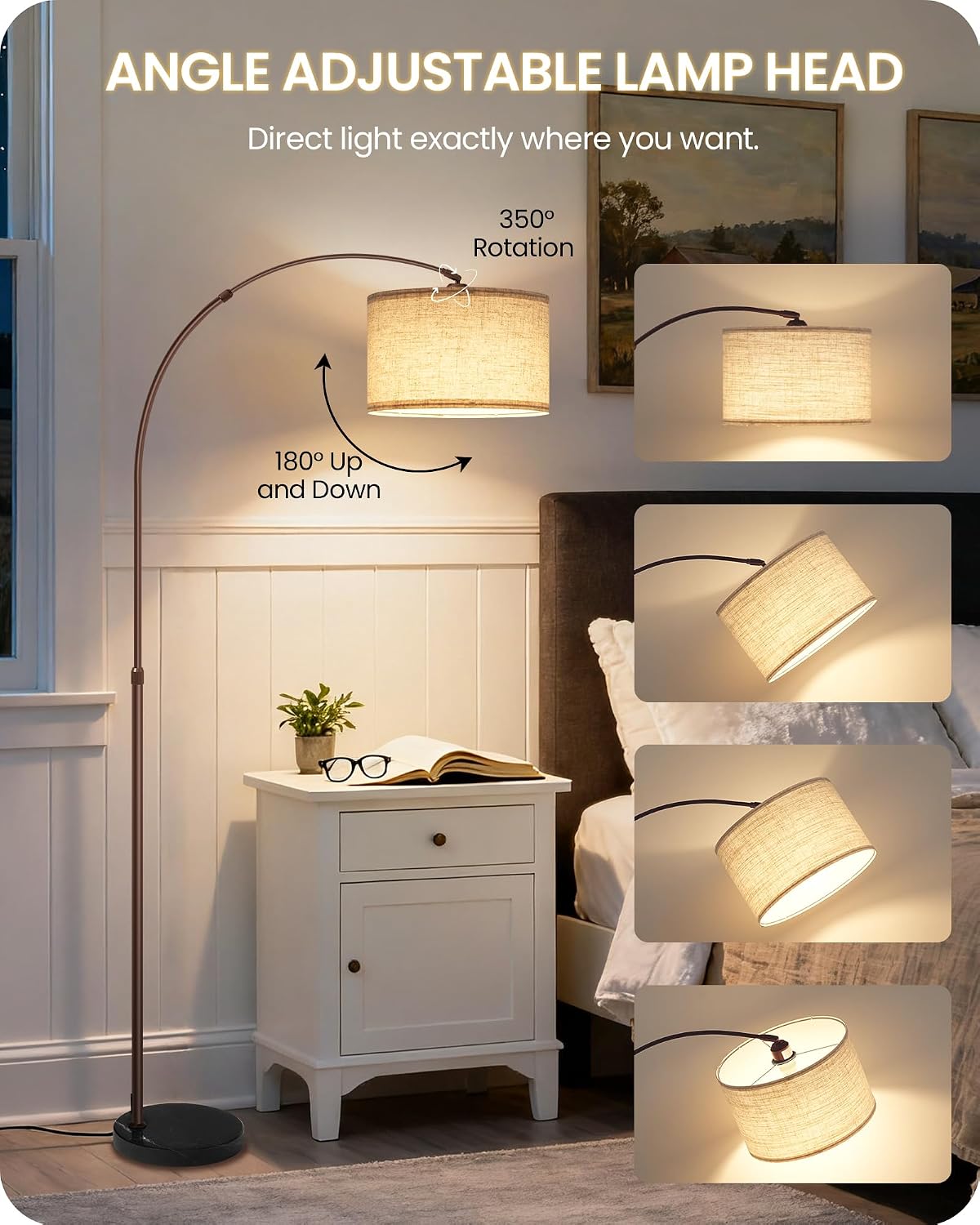 75" Dimmable Brown Arc Floor Lamp with Marble Base, Adjustable Height,Beige