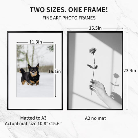 Fun Memories A2 Picture Frame Black, High End Metal 16.5 x 23.5 Poster Frames for Wall, A2 Photo Frame with Mat A3, Tempered Glass, 1 Pack