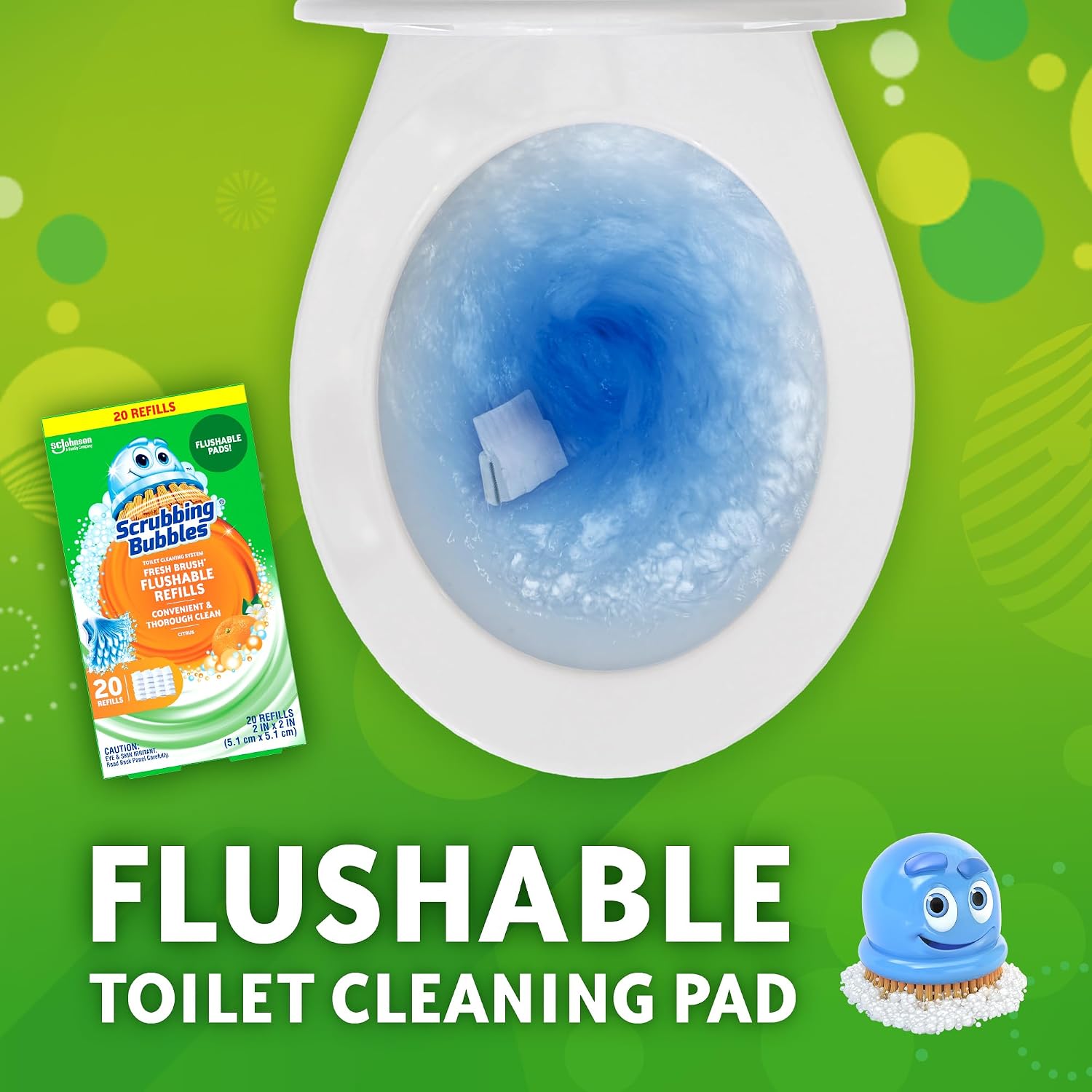 Scrubbing Bubbles Flushable Toilet Wand Refills, Fresh Brush Toilet Cleaner Refill Pads, Cleans Limescale & Fights Odors, Citrus Scent, 20 Count, Pack of 1