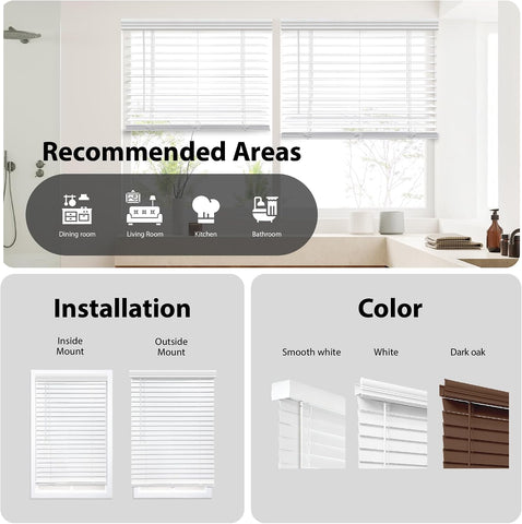 DEZ FURNISHINGS Cordless 2" Faux Wood Blind, 38" W x 64" H, White