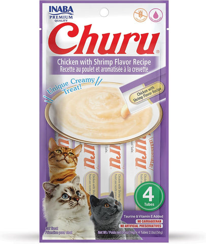 INABA Churu Lickable Purée Natural Cat Treats (Chicken with Shrimp Recipe, 4 Tubes)