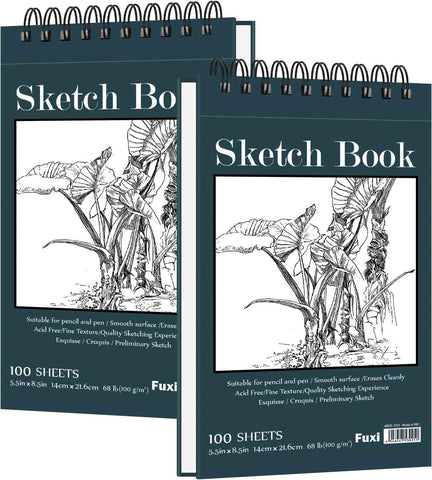 Fuxi Small Sketch Book, Spiral-Bound Sketchbook 5.5 x 8.5 2-Pack 200 Sheets