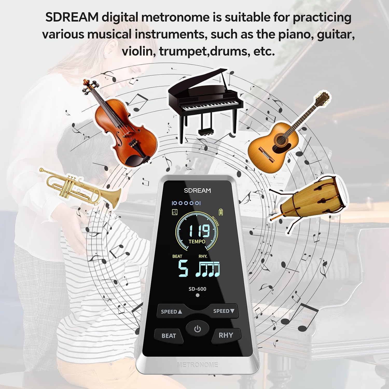SDREAM Digital Metronome for Piano,Guitar,Violin,Rechargeable LCD Electronic Metronome with Human Voice,Professional Metronome for Beginners & Musicians,Instrument Volume & Beat Speed Adjustable