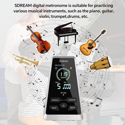 SDREAM Digital Metronome for Piano,Guitar,Violin,Rechargeable LCD Electronic Metronome with Human Voice,Professional Metronome for Beginners & Musicians,Instrument Volume & Beat Speed Adjustable