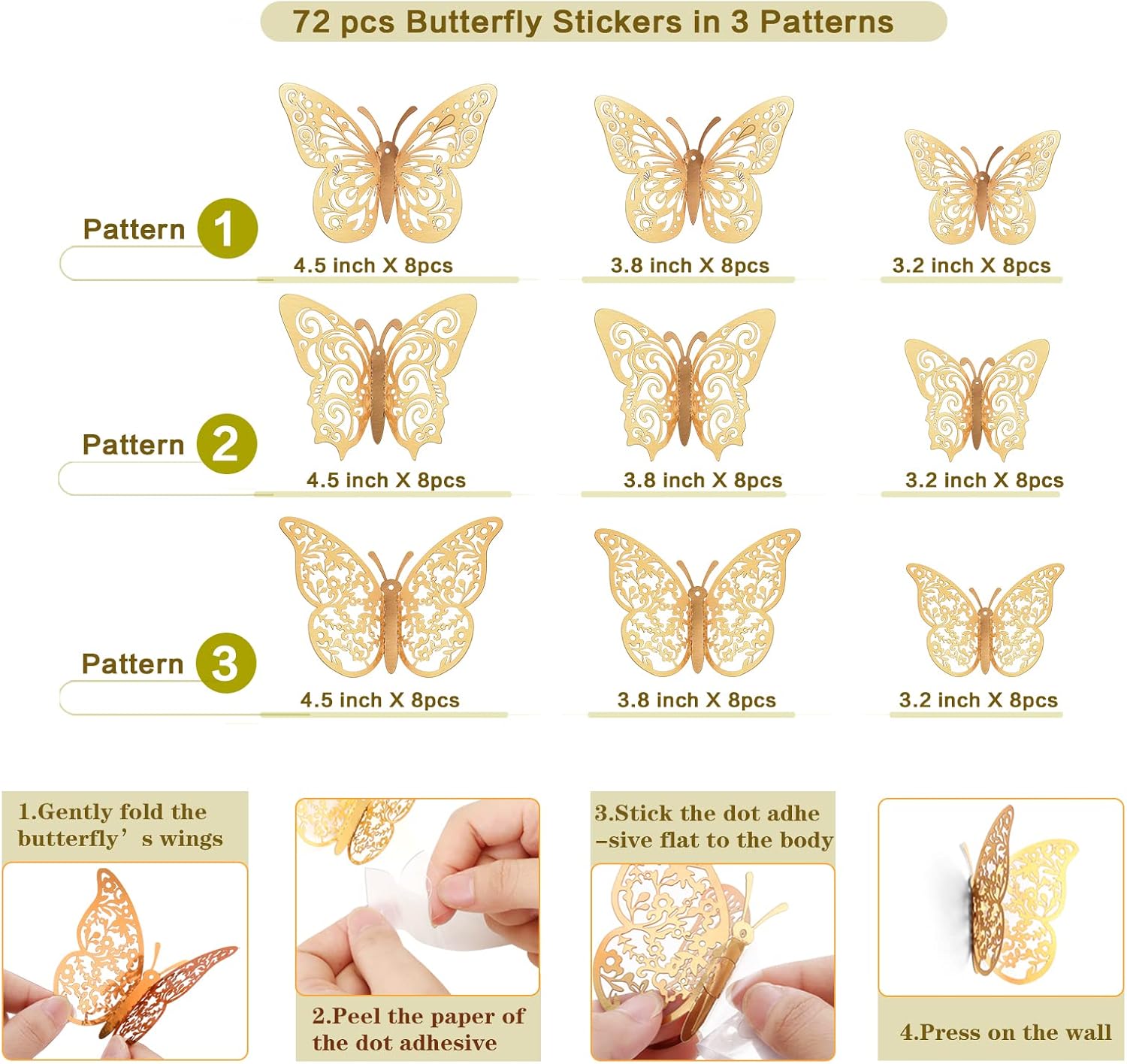 72 Pcs Gold Butterfly Decorations, Wall Decor, 3 Sizes 3 Styles