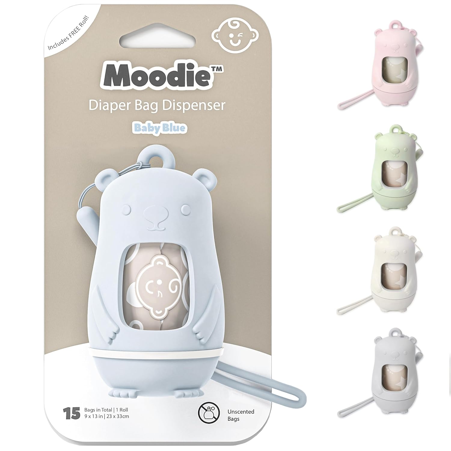 Teddy Bear Diaper Bag Dispenser | Diaper Trash Bags on the Go Dispenser w/Silicon Strap | 15 UNSCENTED Baby Poop Bags per Roll | Dirty Diaper Bags Disposable | Diaper Waste Bags (BABY BLUE)