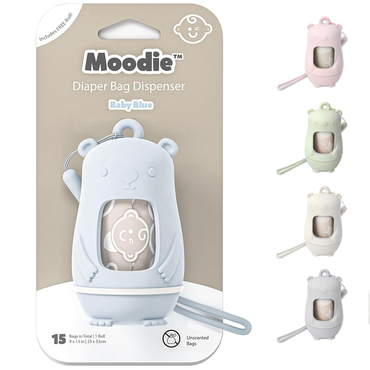 Teddy Bear Diaper Bag Dispenser | Diaper Trash Bags on the Go Dispenser w/Silicon Strap | 15 UNSCENTED Baby Poop Bags per Roll | Dirty Diaper Bags Disposable | Diaper Waste Bags (BABY BLUE)