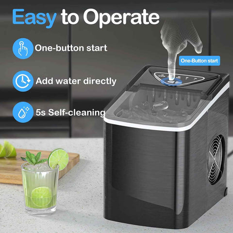 SPECILITE Ice Makers Countertop, Compact Counter Machine, Self Cleaning, 26L/24H, 9 Ice Cubes S/L Pellet in 6-8 Mins, Portable Icemaker with Pouch/Bag/Scoop/Basket for Home Kitchen Office Bar (Black)