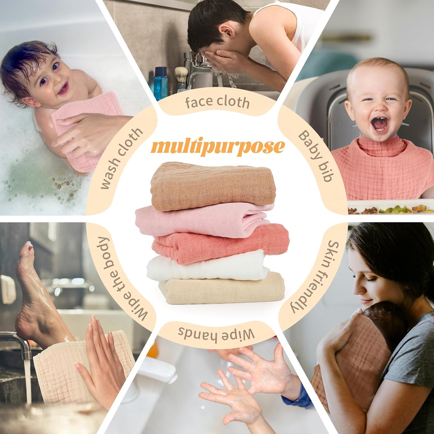 MIGIOL Baby Burp Cloths 100% Cotton Newborn Muslin Burp Cloths 10x20 inches Baby Essentials Pink & Coffee 5-Pack