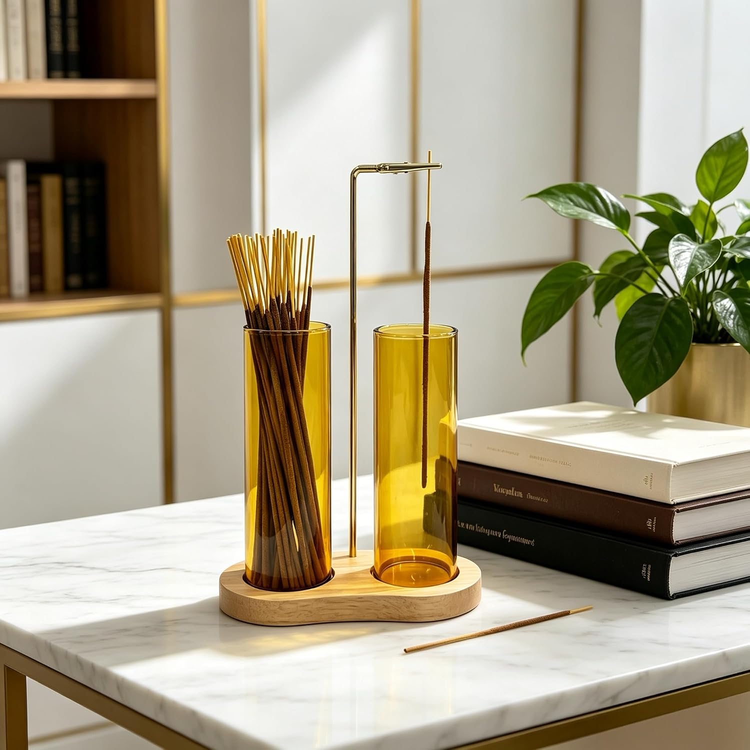 Yellow Glass Incense Holder, Incense Sticks Burner Holder with Storage,Hang Upside Down Incense Holder for Sticks with Glass Ash Catcher for Meditation Yoga Spa Room Decor (Yellow)