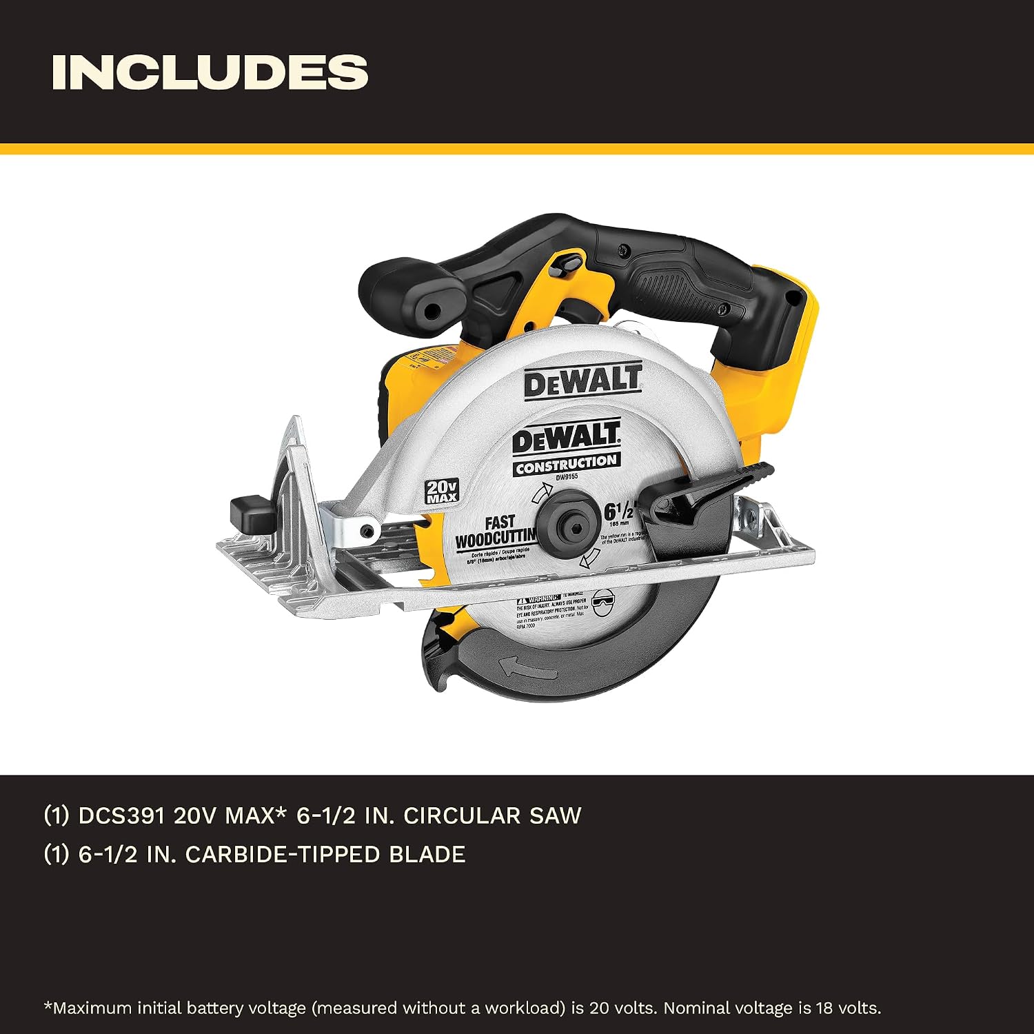DEWALT 20V MAX Circular Saw, Cordless Sidewinder Style Portable, 6-1/2-Inch Blade, 5150 RPM, 0-50 Degree Bevel Capability, Battery Not Included (DCS391B)