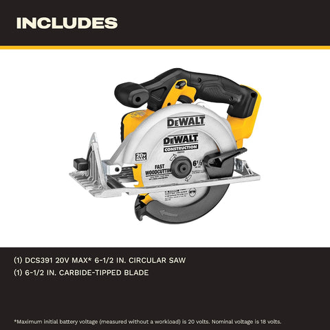 DEWALT 20V MAX Circular Saw, Cordless Sidewinder Style Portable, 6-1/2-Inch Blade, 5150 RPM, 0-50 Degree Bevel Capability, Battery Not Included (DCS391B)