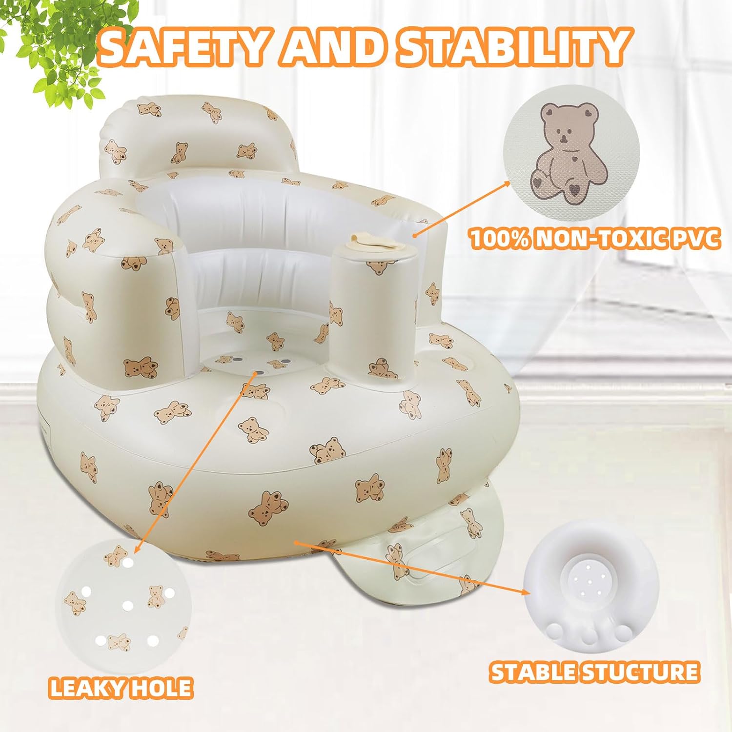 AGITVPS Upgrade Inflatable Baby Seat with Tray for Babies 3-36 Months, Built in Air Pump Bumbo Seat with Tray, Baby Chair Sit Me up Floor Seat for Baby, Learning to Sit&Feeding (Pillar-Bear Cub)