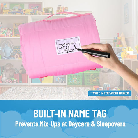 Jay Franco Kids Nap Mat with Embedded Pillow & Blanket – Soft 46"x20" Microfiber Sleeping Bag with Name Tag & Handle for School, Travel, Sleepover