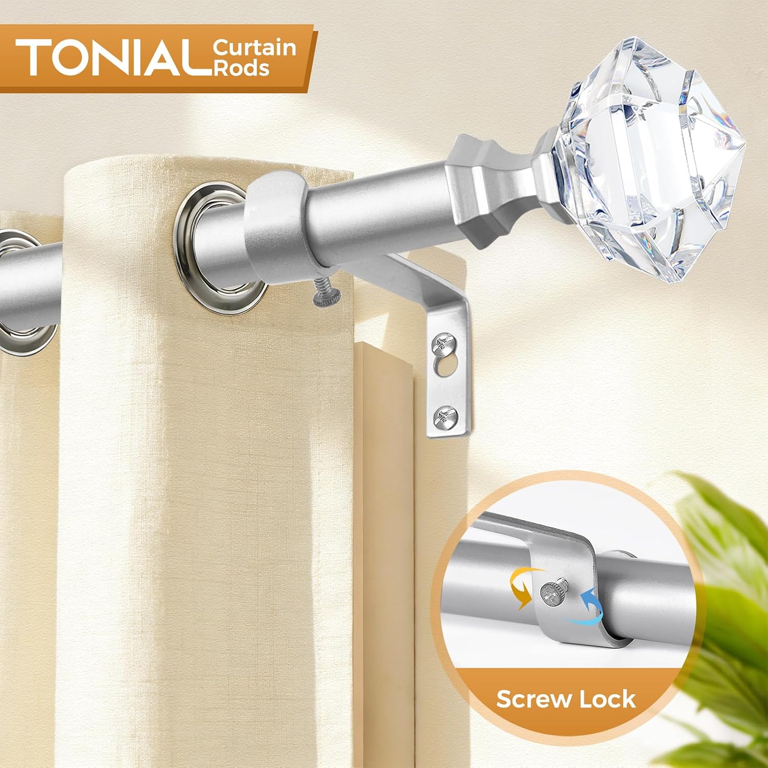 TONIAL Curtain Rods for Windows 28 to 48 In, Acrylic Diamond Finial