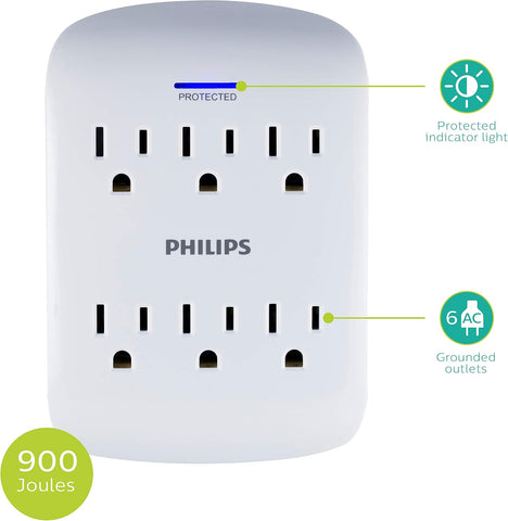 Philips 6-Outlet Extender Surge Protector, 2 Pack, Wall Tap, 900 Joules