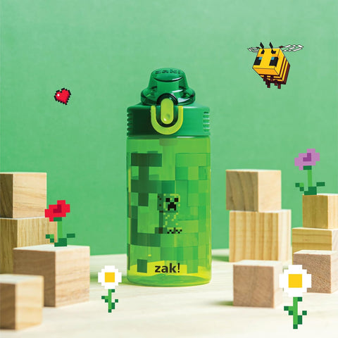 Zak Designs Minecraft Creeper Sage 16oz Leak-Proof Straw Kids Water Bottle