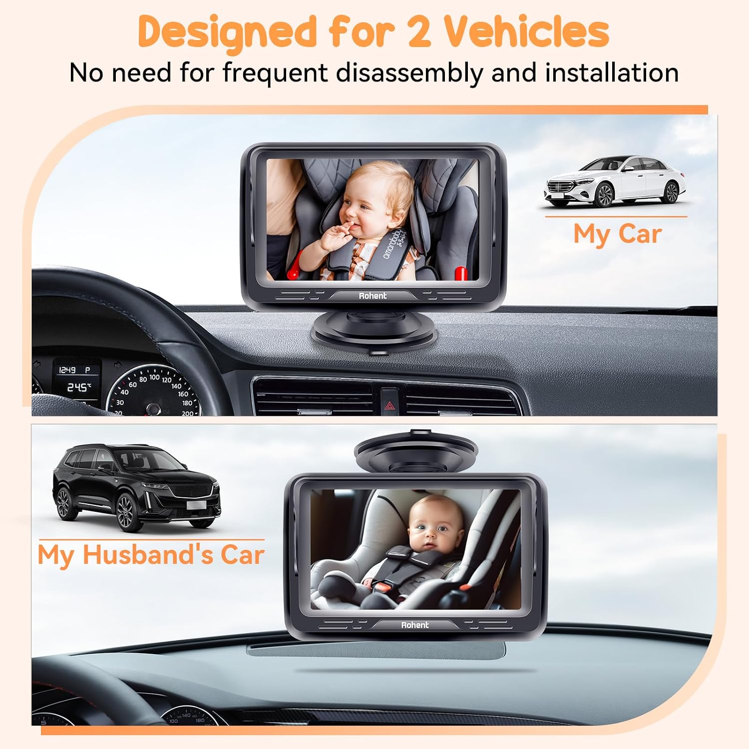 Rohent Baby Camera for Car 2 Pack: Dual HD 1080P Monitors with Night Vision