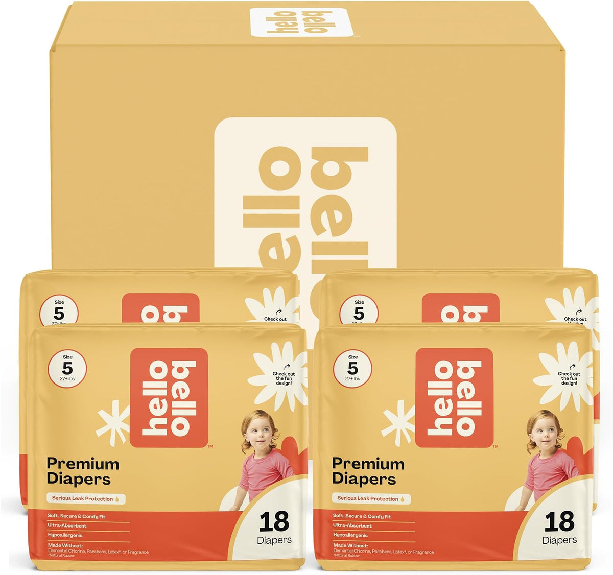 Hello Bello Diapers, Size 5 (27 lbs) Flower Child, 72 Count Value Pack of Premium Disposable Baby Diapers, Hypoallergenic with Soft, Cloth-Like Feel