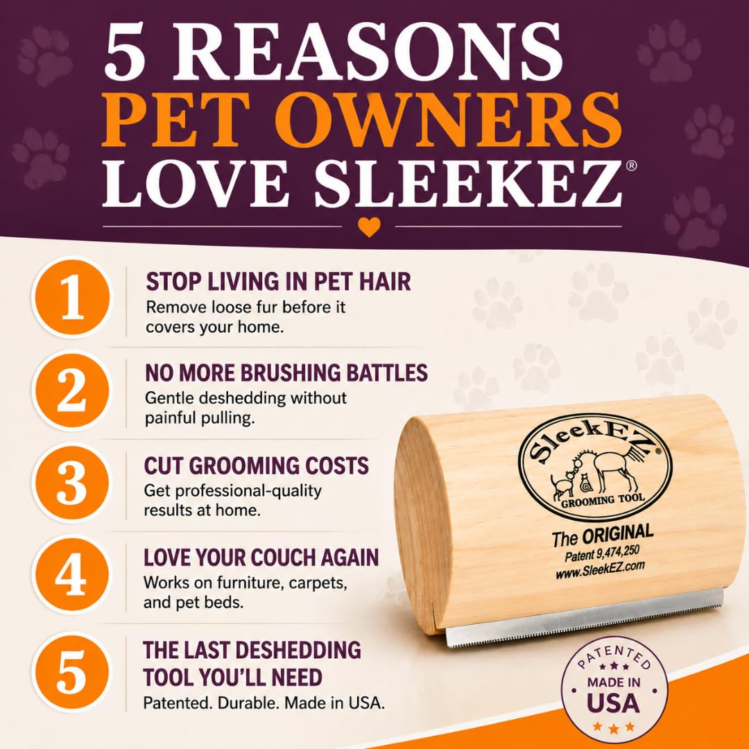SleekEZ Dog Brush for Shedding | Patented Deshedding Dog Brush | Pet Hair Remover for Short, Medium & Long Coats | Made in USA | 5 Inch