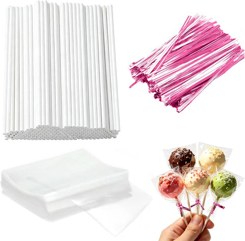 Basquei Cake Pop Sticks 6 Inches, Cake Pop Bags (3.9"X4.7"), Pink Metallic Twist Ties, 300 Pcs Cake Pop Kit Used for, Lollipops Cake, Candies, Chocolates Making Tools